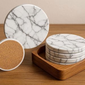 21 Absorbent Ceramic Coaster Set with Holder Marble Pattern Stone Surface Cork Base for Wooden Table Protection and Home Decor