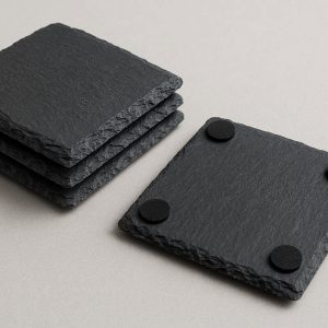 Natural Slate Stone Coaster Set Square Handcrafted Black Rock Drink Mats with Padded Feet for Modern Home and Bar Decor