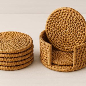 Handwoven Rattan Coaster Set Round Natural Wicker Drink Mats Eco Friendly Heat Resistant Braided Table Protectors for Boho Home Style