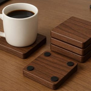 Wooden Walnut Coaster Set Square Solid Wood Drink Mats with Non Slip Pads for Coffee Mugs and Professional Office Desk