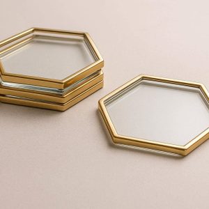 Hexagon Gold Rimmed Glass Coaster Set Transparent Clear Drink Mats with Metal Border for Luxury Wedding and Glamorous Home Decor