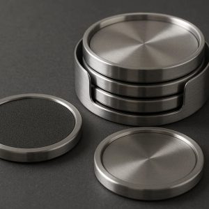 Stainless Steel Coaster Set with Non Slip Foam Base Double Walled Metal Drink Mats for Modern Bar and Industrial Office Decor