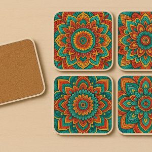 Decorative Mandala Coaster Set Multi Color Art Print Cork Backed Drink Mats for Vibrant Kitchen Decor and Creative Home Gift Idea