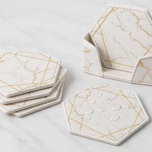 White Faux Leather Coaster Set Hexagon Gold Stamping Marble Texture Waterproof Drink Mats for Glamorous Office and Chic Home Studio