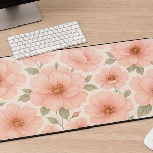 Large Floral Desk Mat Decorative Long Mouse Pad Non Slip Rubber Base Protective Table Cover for Home Office Decor Pink Flowers